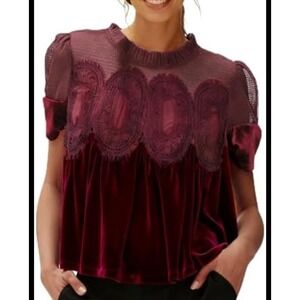Burgundy Baby Doll Velvet Top Flowy Sheer Lace Applique Victorian Gothic Small